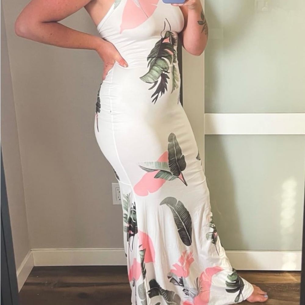 SHEIN White Maxi Dress with Pink and Green Leaf Print